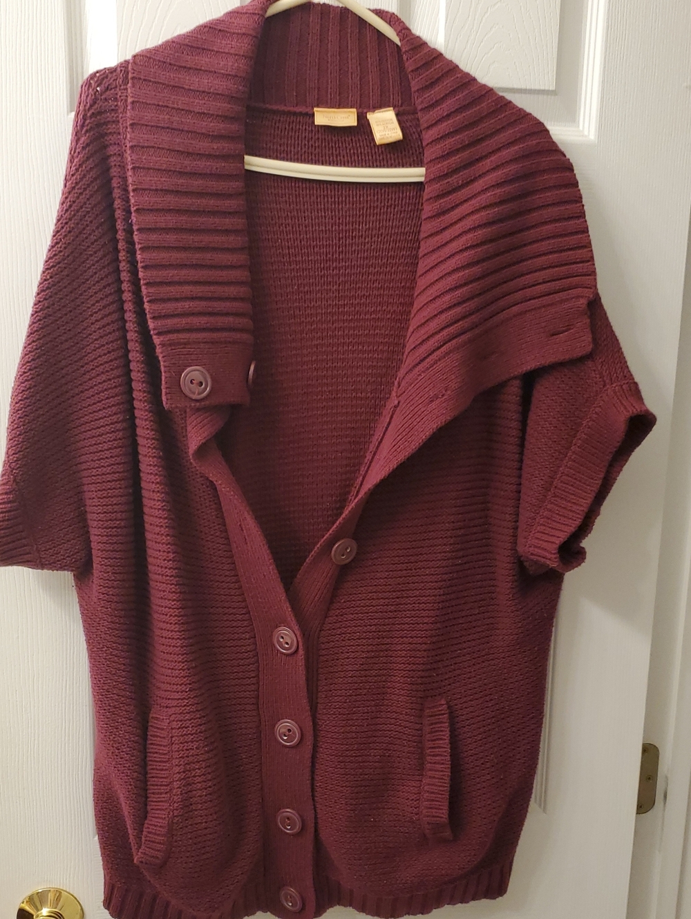 Northcrest Burgundy Shawl-Collar Button Front Short-Sleeve Cardigan